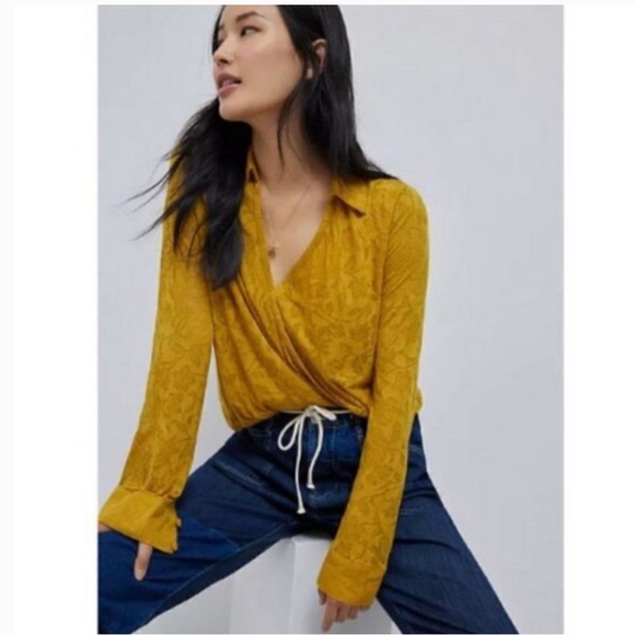 Maeve Tops - Maeve Lydia Gold Floral Burnout Wrap Blouse
